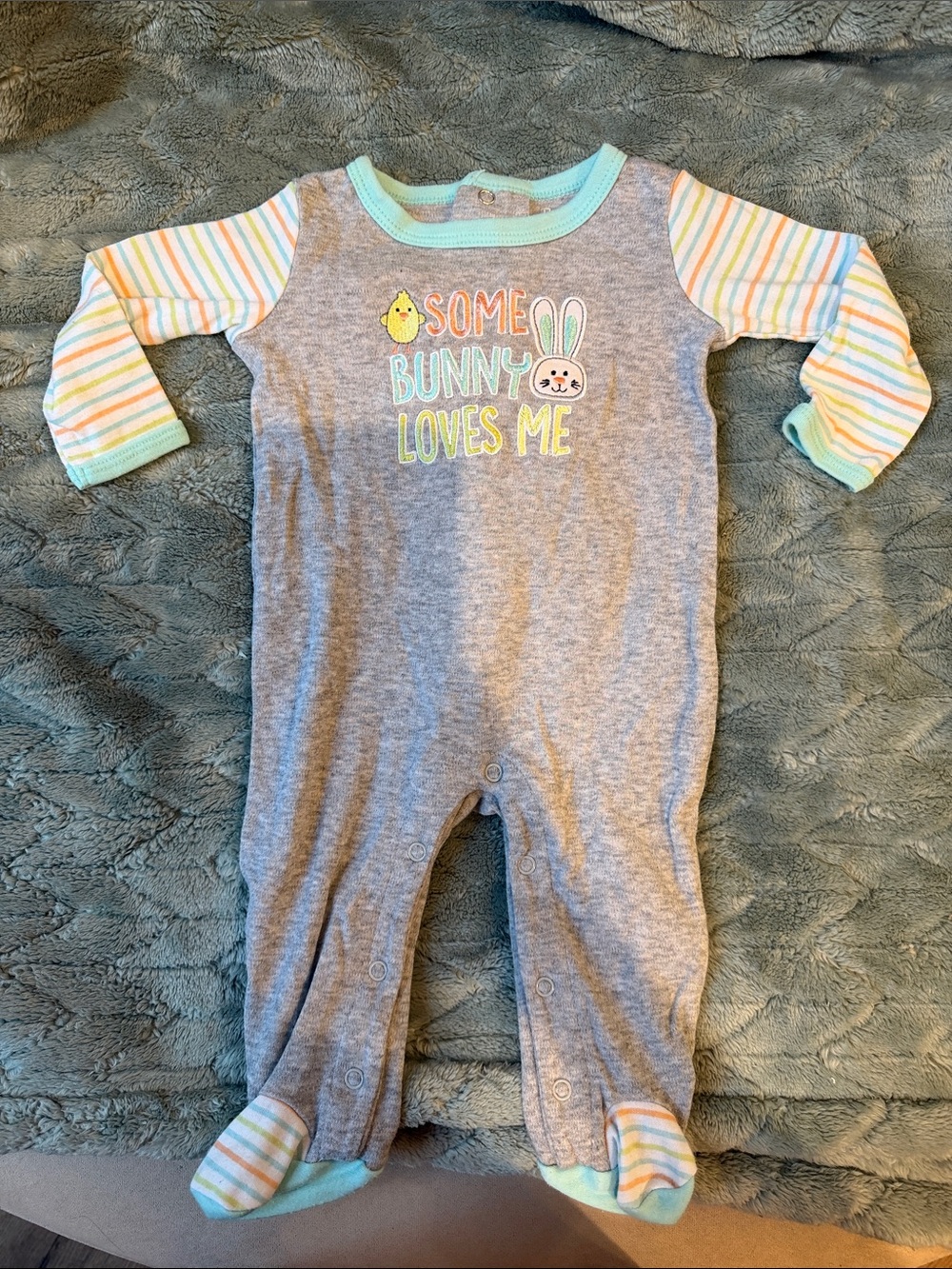 Baby Essentials Gray Footie with Pastel Stripe Sleeves and Mint Trim